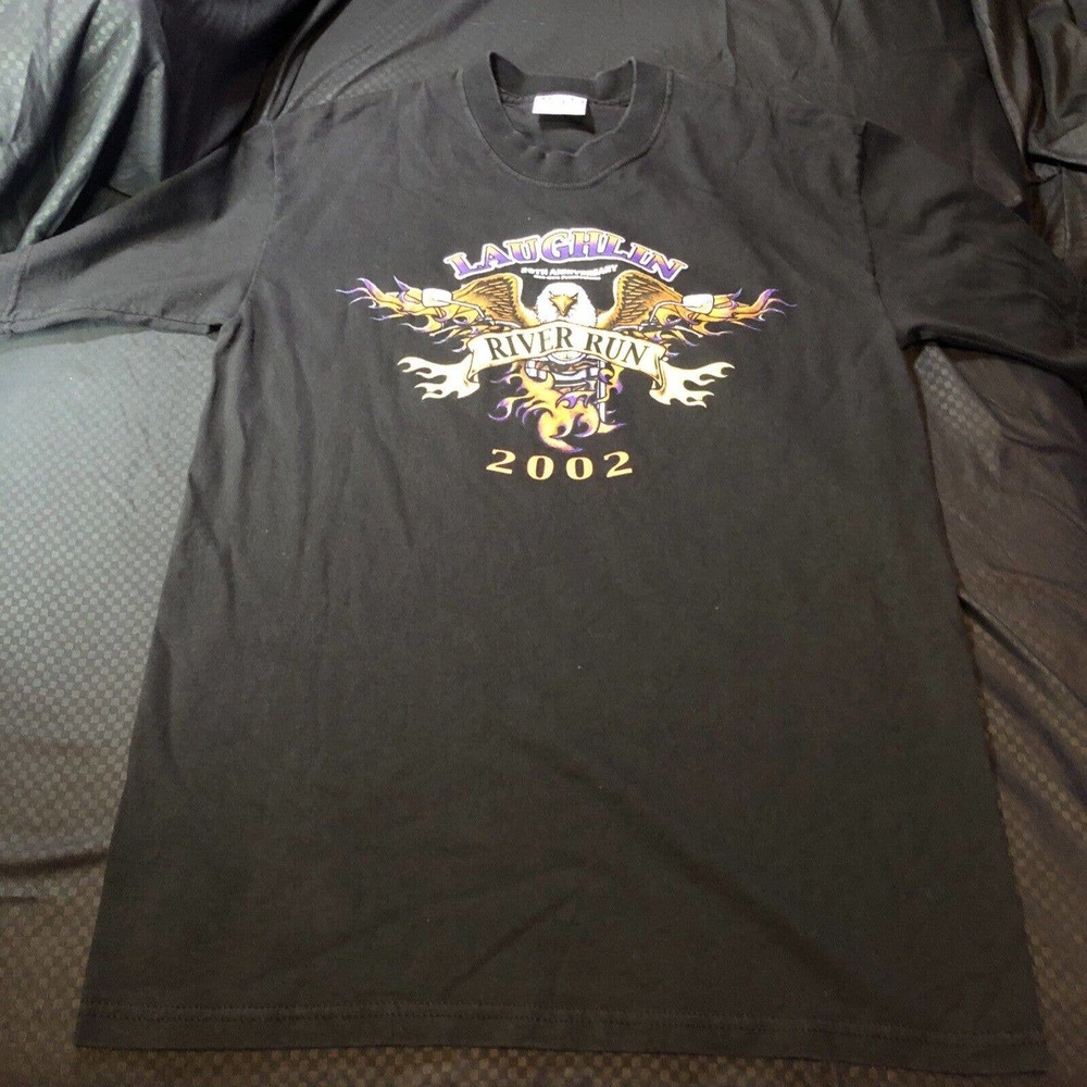 Vintage Laughlin River Run 2002 Men’s Black T Shirt Bald Eagle Size M Motorcycle
